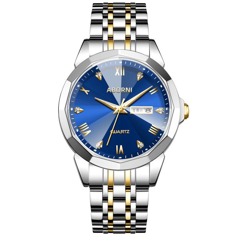 Мужские часы ABORNI, деловые наручные часы с двойным календарем, модные кварцевые мужские часы из зеркальной стали с бриллиантами и бриллиантами