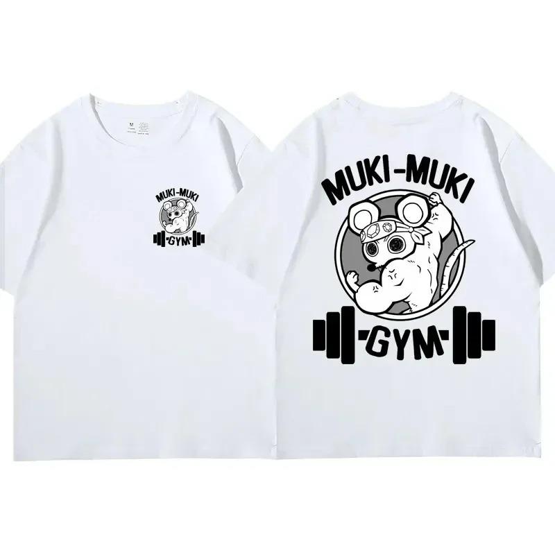 Gender Neutral Funny Ninja Muscle Mouse TShirt Muki Muki Gym Cartoon Graphic Tee Oversized Fitness Streetwear Top