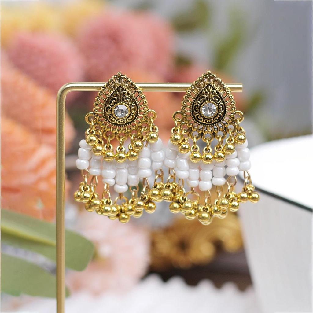 Европейско-американские богемные этнические серьги с бусинами и стразами в форме колокольчиков - Смелый ретро-стиль