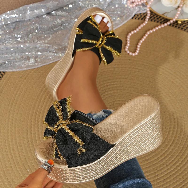 Шлепанцы на массивной платформе с декором в виде банта, женские, больших размеров, модные сандалии на танкетке для женщин, летние шлепанцы на толстой подошве для пляжа