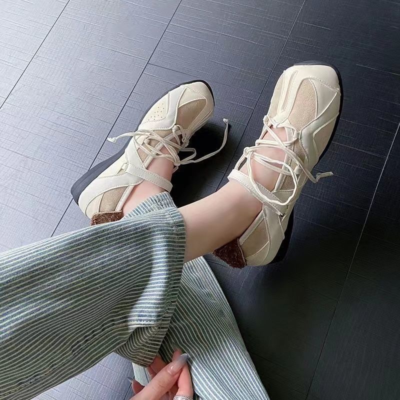 Soft-soled Ballet Velcro Mary Jane Shoes Women's Splicing Leather Casual Versatile Super Soft Shoes