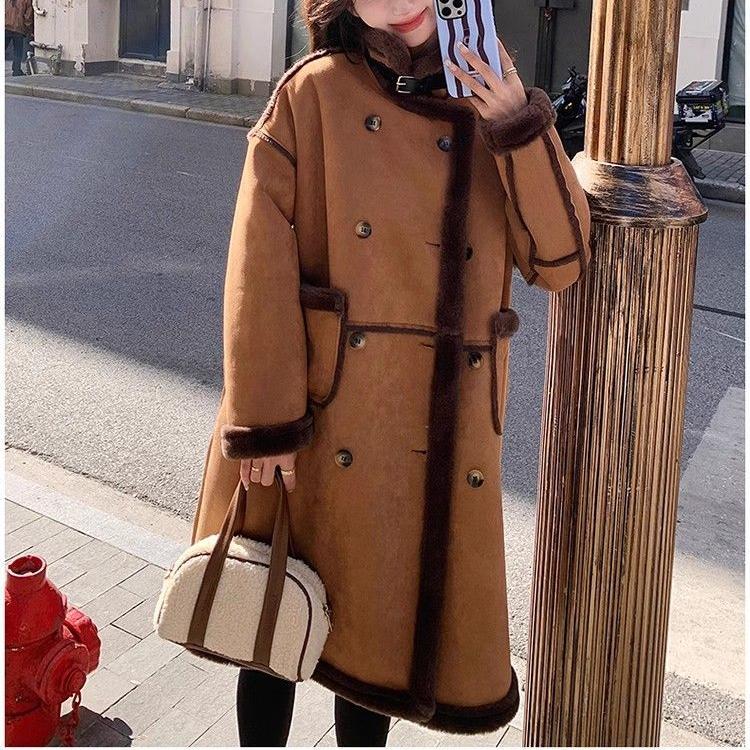 Korean Style Winter Lamb Fur Loose Coat for Women Thick Warm Long Fleece Lined Jacket