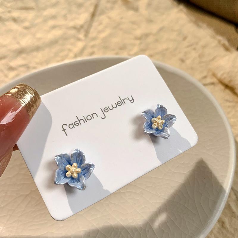 Милые серьги-гвоздики с маленьким цветком голубого цвета для девочек, корейские серьги с цветком орхидеи, женские модные украшения для вечеринок, подарки