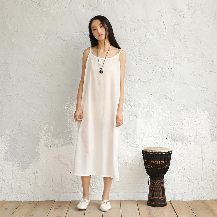 Весна/Лето 2024 Хлопок Лен Большой Размер Женское Длинное Платье на Бретелях-Спагетти - Однотонное, Свободное, Универсальное, Литературный Стиль.