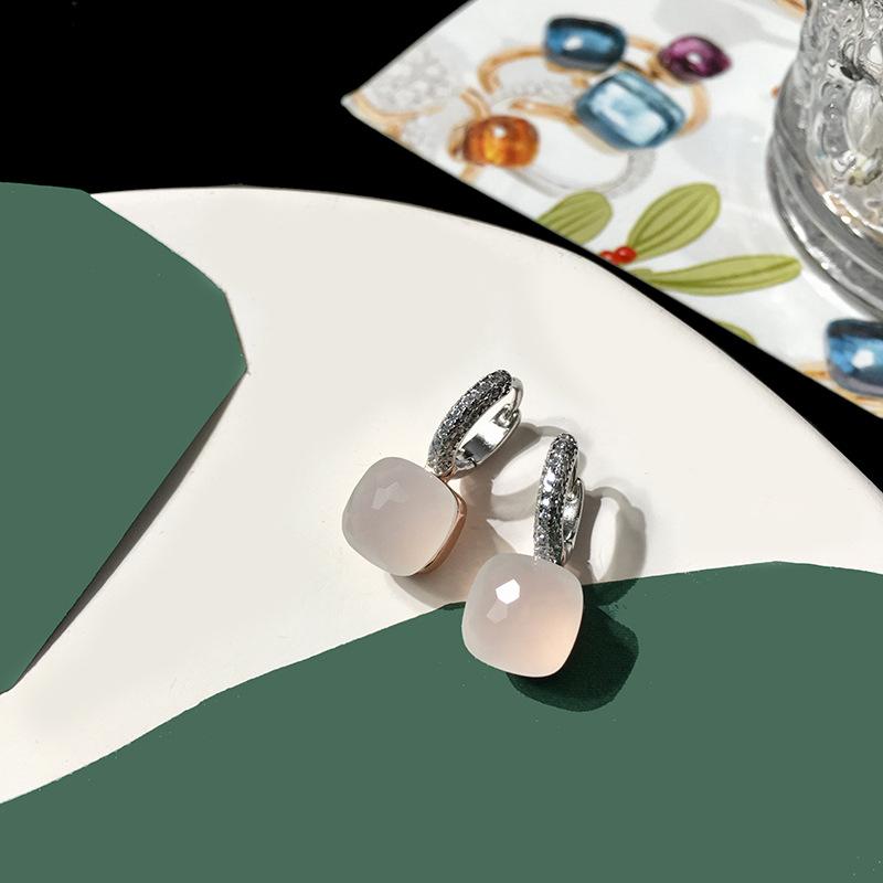 Серебряные серьги с темперой и бриллиантами конфетного цвета, квадратные серьги-гвоздики с кристаллами