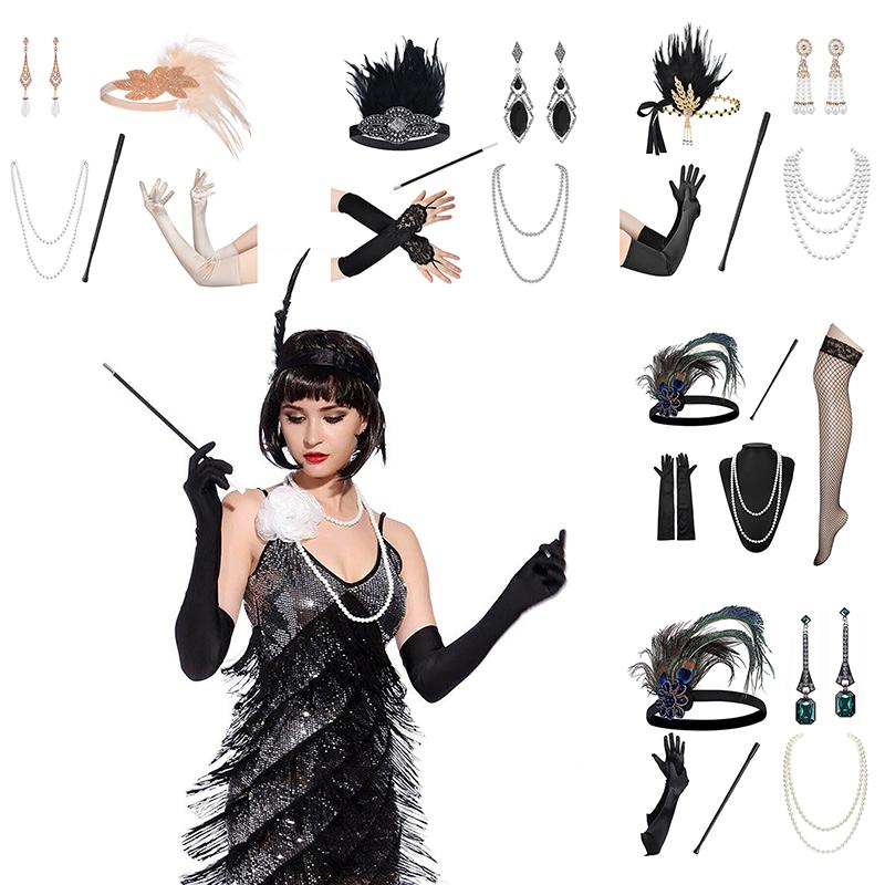 1 Set 1920'S Flapper Cosplay Costume Feather Headband Pearl Necklace Bracelet Stockings Long Glove Gatsby Masquerade Accessories