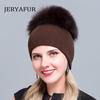 JERYAFUR Трикотажная шапка с помпоном из настоящего меха