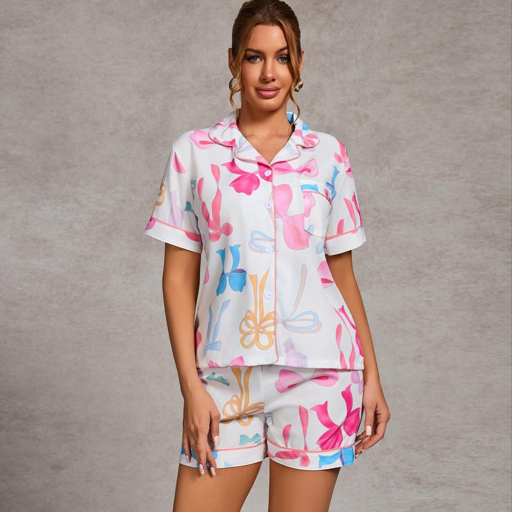Летний женский топ с короткими рукавами и шорты, комплект из 2 предметов, пижама женская, модная, повседневная, свободная, с бантом, кардиган, пижама, комплект