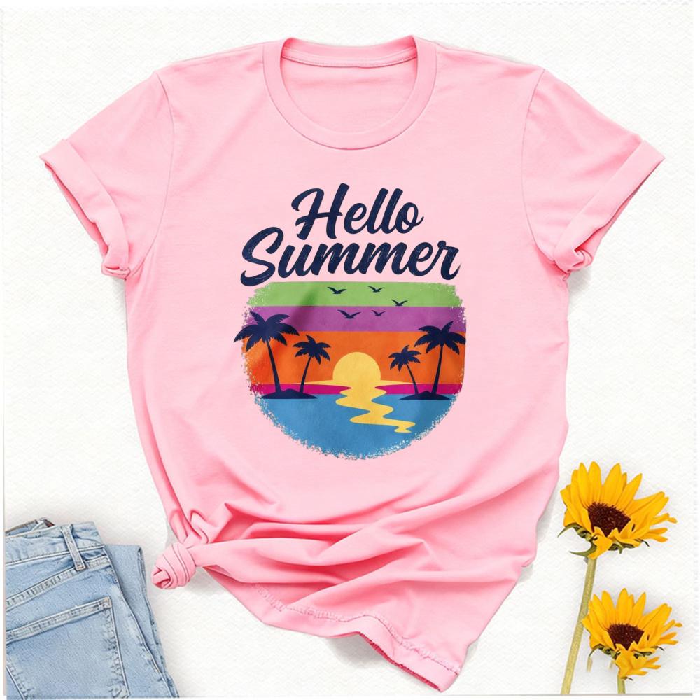 Unisex Hello Summer Palm Tree Sunset Beach Print T Shirt Retro Gradient Graphic Crew Neck Short Sleeve Cotton Holiday Casual Tops