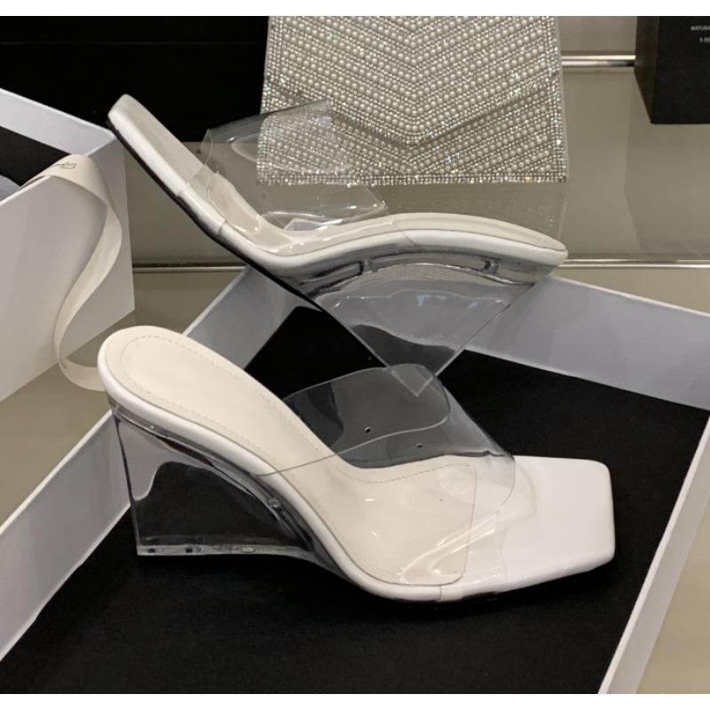 Fashion New Style Summer Fashion Designder Crystal Wedges Heels Women Slippers Transparent Square Toe Party Female Shoes Zapatos Mujer