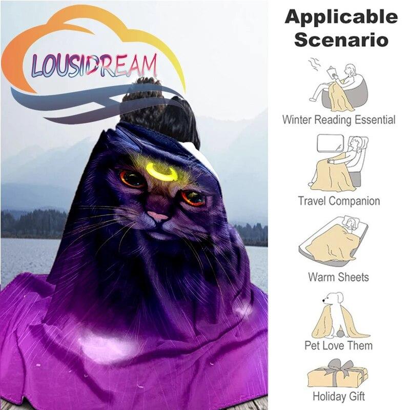 Luminous Moon Cat Purple Background Fashion Blanket, Gift for Animal Lovers, Soft Outdoor Travel Skin Friendly