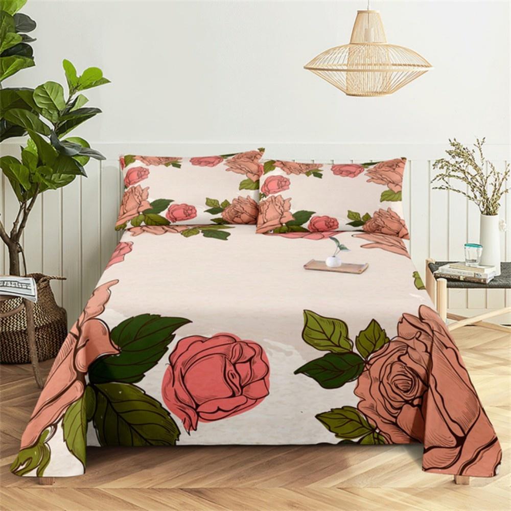 Pink Rose Bed Sheet Sets 3D Print Flowers Flat Soft Cover For Women Kids Girls King Queen Full Twin Size Linen Room Decor