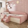 Upholstered Bed Sofa Bed, 90*190cm, Multifunctional Bed, with Steps and Guardrails, Skin-Friendly Velvet Fabric, without Mattress, Pink+Cream White