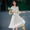 New Spring and Summer Wrinkled Light Chiffon Beautiful Flared Sleeves Tightly Buttoned Long Sleeve Slim Dress for Women Mid-length