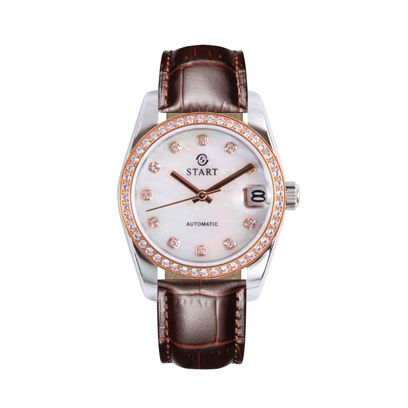 Start Женские часы с перламутровым циферблатом, модные повседневные автоматические механические часы, водонепроницаемые кожаные часы с функцией даты