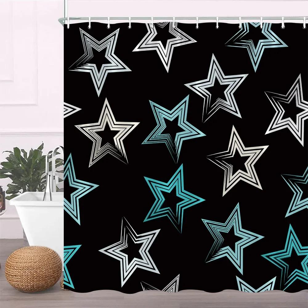 Modern Black Shower Curtain Set with Hooks-Black and White Shower Curtain for Bathroom Fabric Geometric Bath Curtains with Hoo