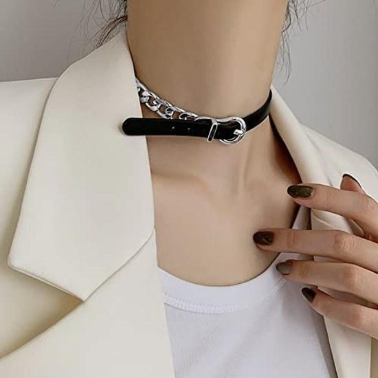 2way choker ladies leather alloy black necklace collar human slim sexy accessory punk style Harajuku underground stylish fashion cosplay goth women