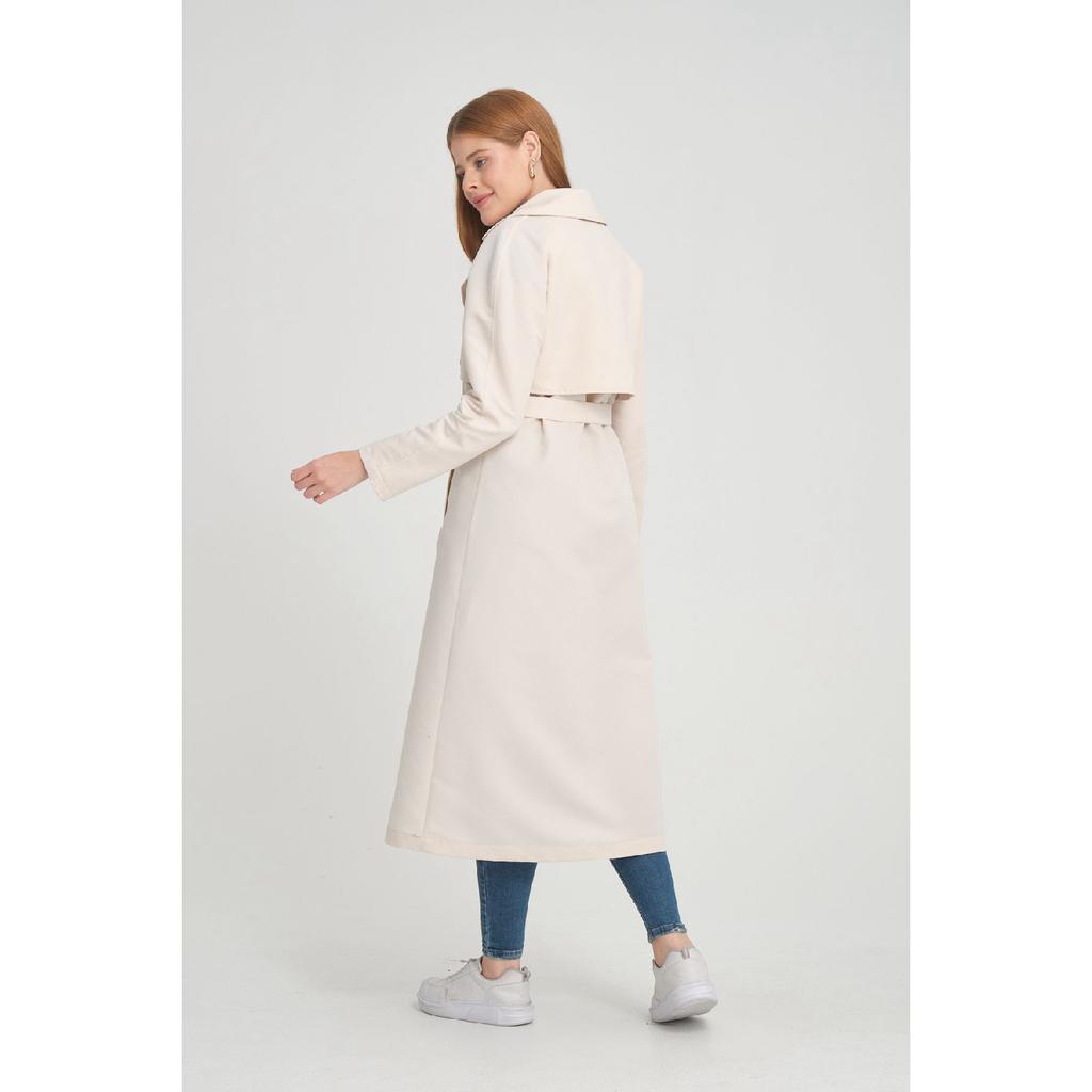 Двубортный тренч средней длины с рукавами реглан (120 см) Темно-бежевый 7558