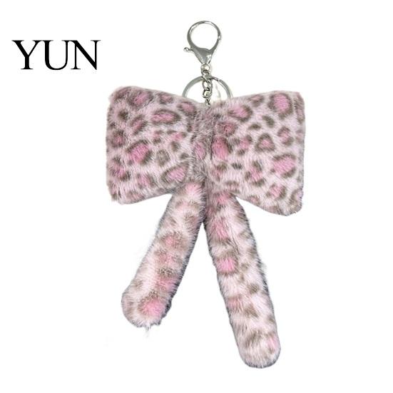 Leopard Pattern Charm Print Plush Bow Keychain, Fluffy Bowknot Bag Ornament with Lobster Clasp, Women Girls Handbag Decorative Accessory Metal