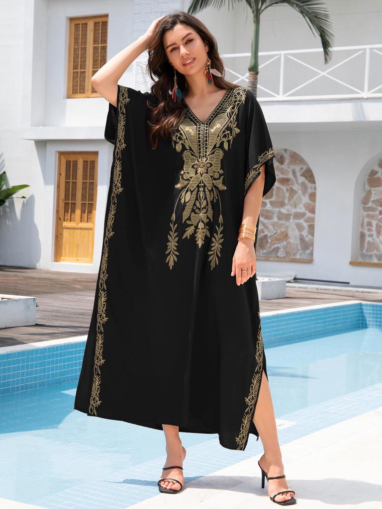 «Хлопковая юбка макси с европейской и американской вышивкой»: Женский пляжный солнцезащитный халат.