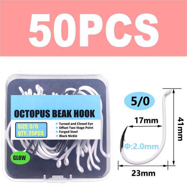 25pcs/box Luminous Imported Steel Octopus Beak Hook Offset Classica Bait Hooks Deep Sea Night Fishing Hook 3/0 4/0 5/0 6/0 7/0