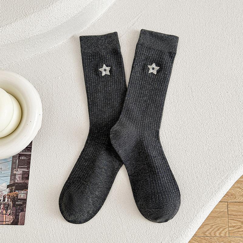Dui Dui Socks Women's Spring Five-pointed Star Embroidered Mid-calf Socks Pull A Long Calf Sock