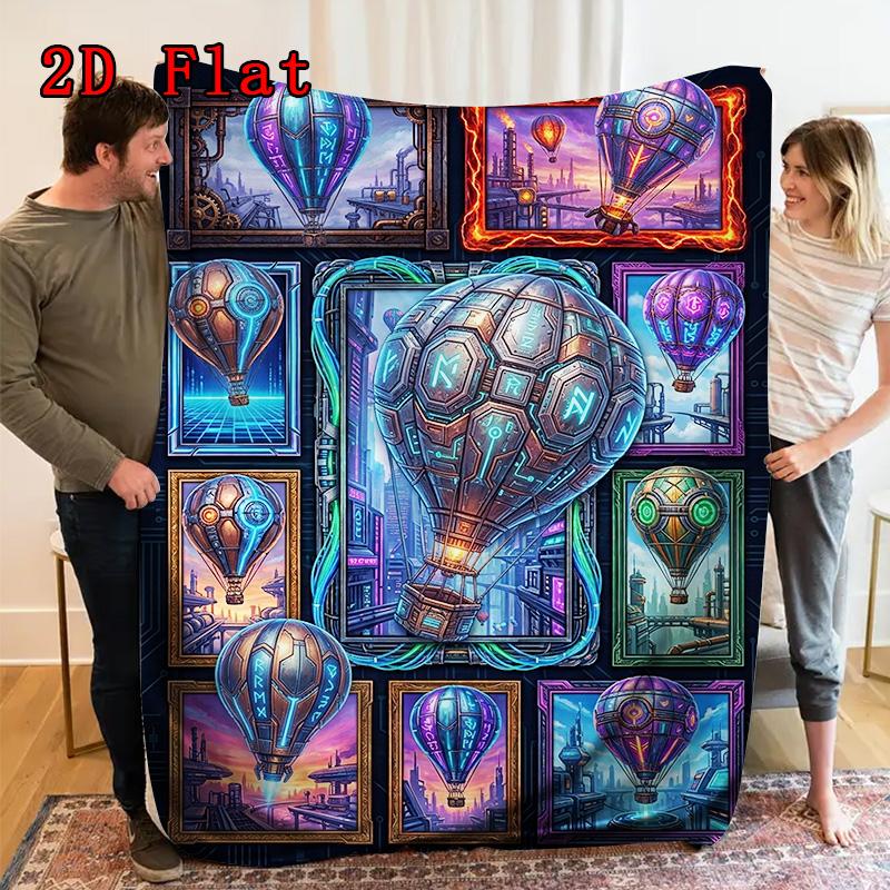 Steampunk Balloon Fantasia 2D Flat Pattern Flannel Blanket, High quality All Seasons, Home Decor, Warmth and Comfort, Perfect for Christmas Gifts.