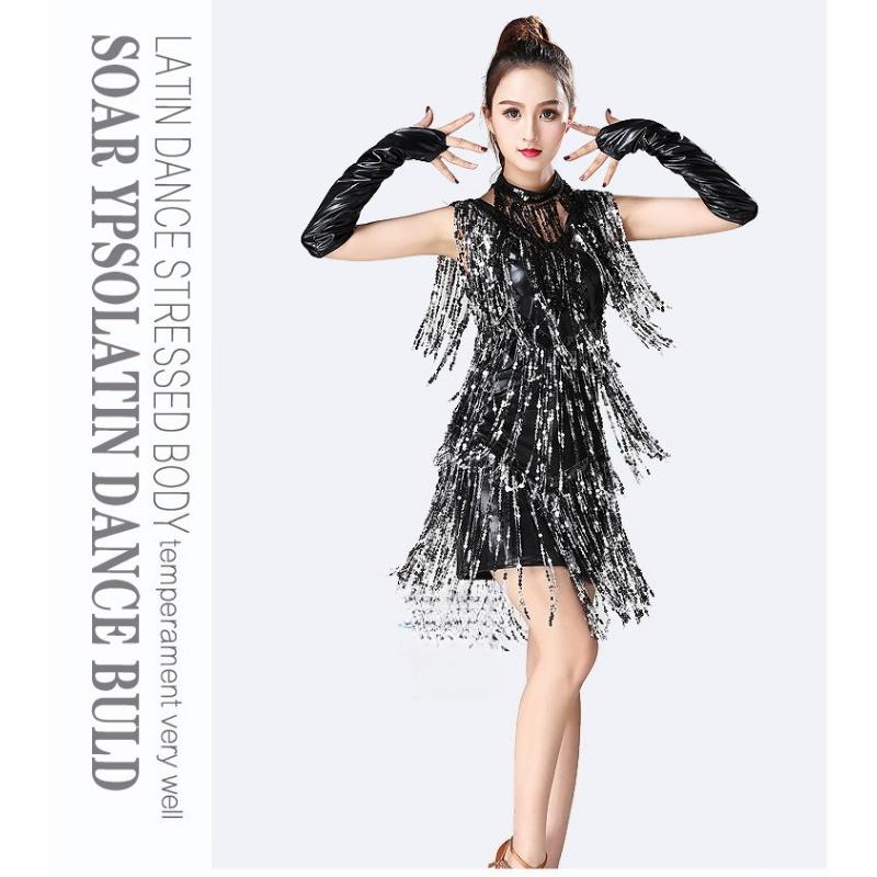 Sexy Shiny Flapper Gatsby Dress Double V-Neck Sleeveless Sequin Tassel Latin Jazz Party Dance Dress Vestido