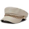 Metal Chain Decor Newsboy Cap PU Leather Flat Top Cap Stylish Baker Boy Cap  For Women