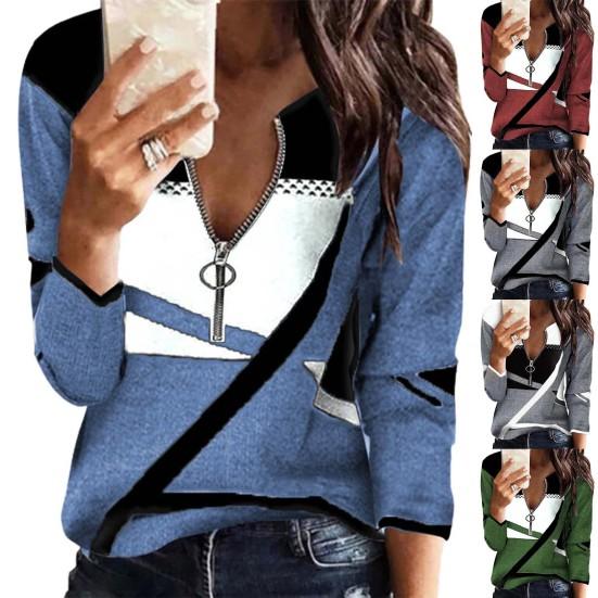 Long Sleeve Loose Women Blouse Soft Texture Zipper Neck Geometric Print Patchwork Top Clothing