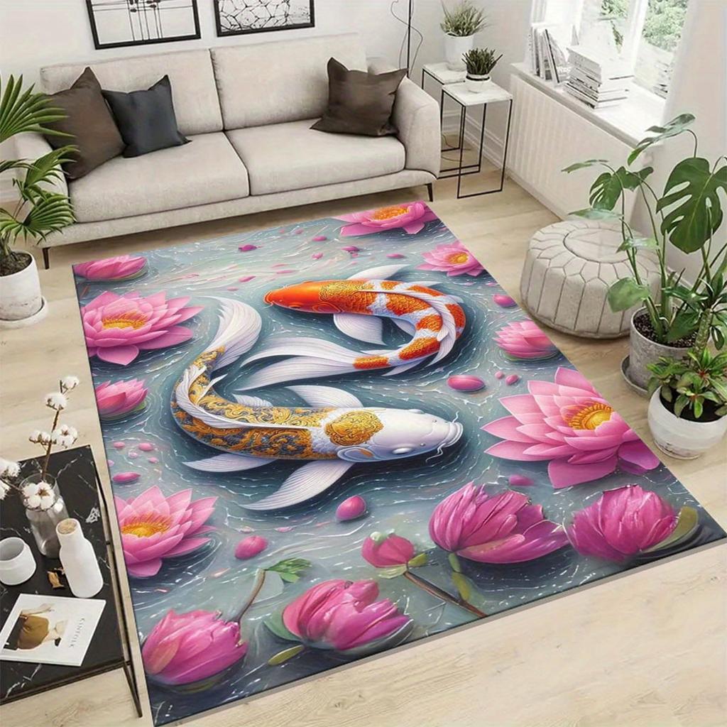 Ковер для гостиной с узором карпов кои: Мягкий, Нескользящий и Удобный для Домашнего Декора - Коврик для пола Кристаллический Вельвет
