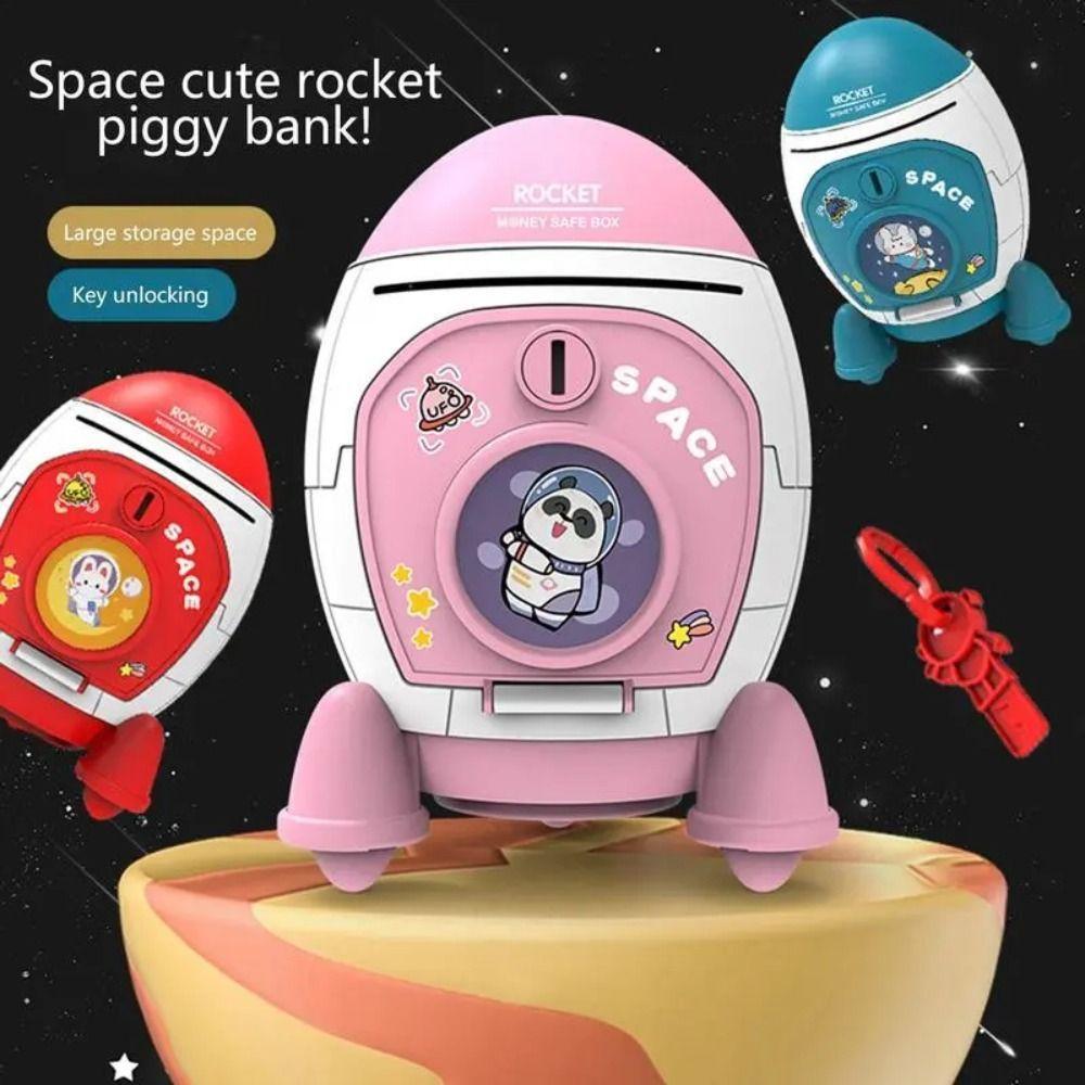 Rocket Piggy Bank with Key Switch Large Capacity Coin Money Box Cartoon Bunny Astronaut Pattern Stickers Birthday Gift for Kids