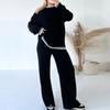 Women Striped Knit Sweater Wide Leg Pants Set Split Pullover Tops Elastic High Waist Straight Pants Two Piece Set Lounge Wear Tracksuits for Autumn