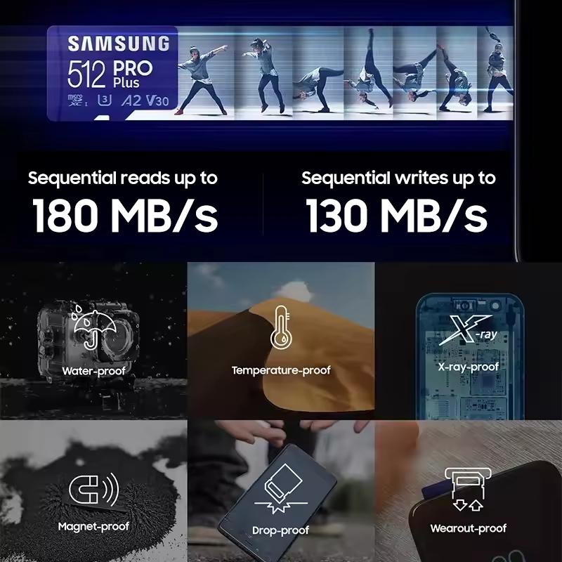 Samsung Карта памяти PRO Plus microSD 256 ГБ microSDXC,512 ГБ 128 ГБ До 180 МБ/с, Full HD и 4K, UHS I, C10, U3, V30, A2, для телефонов GoPRO и камеры дрона DJI