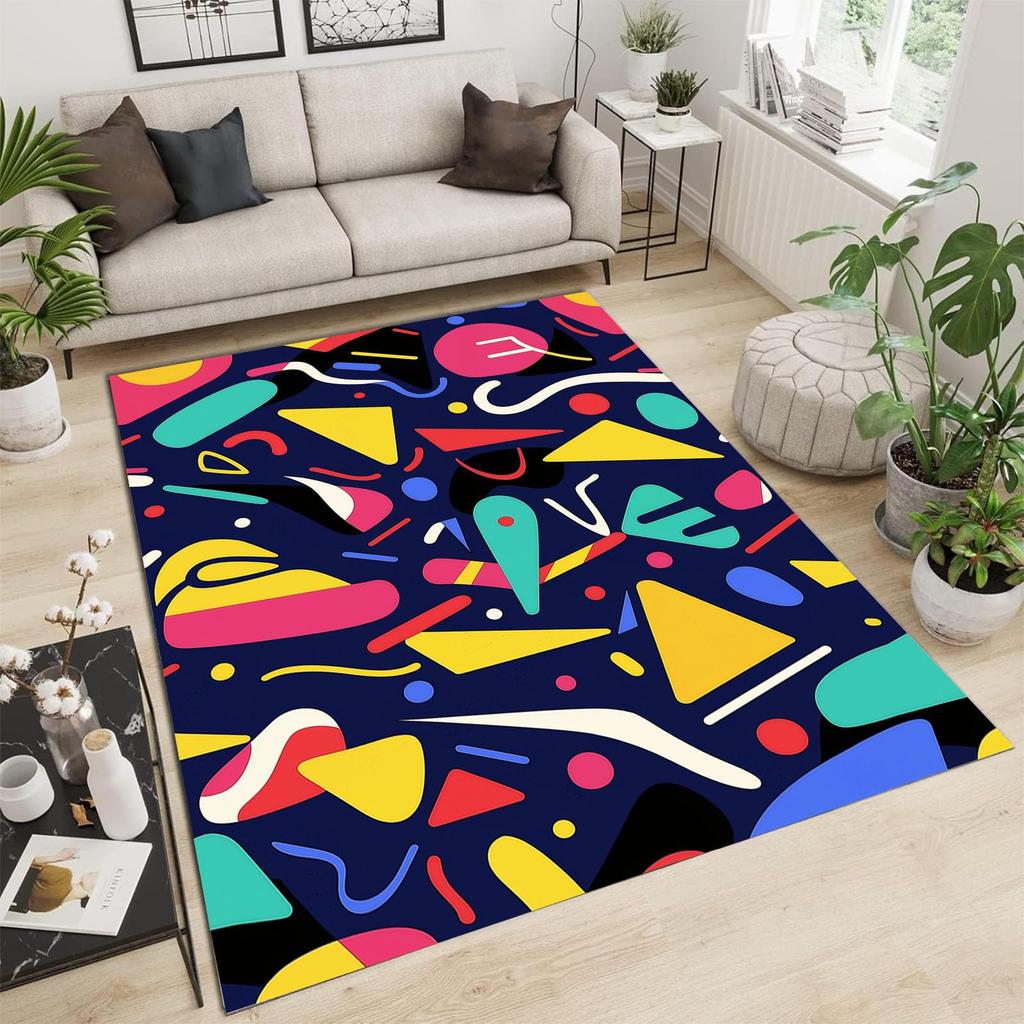 Blue & White Geometric Square Print Area Rug, Modern Abstract Non-Slip Floor Mat for Living Room Bedroom Home Decor Carpet