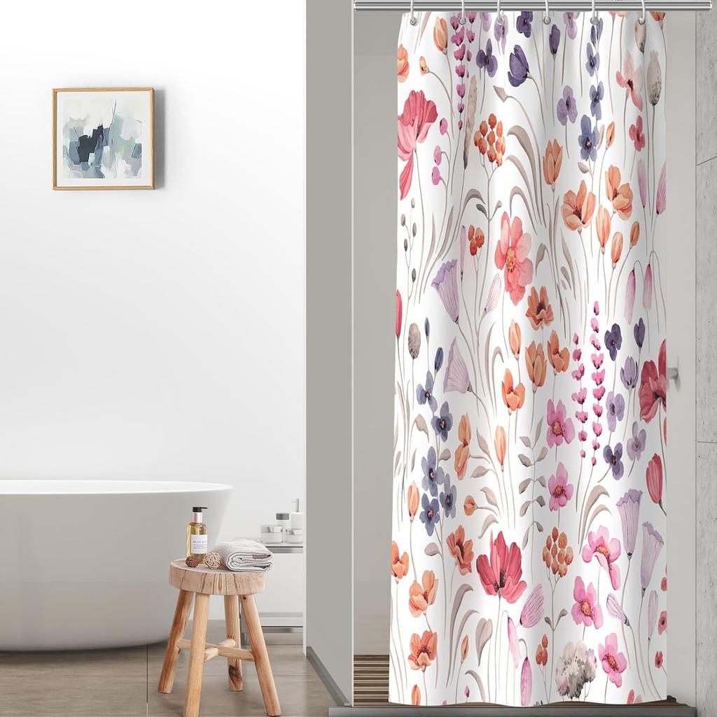 Watercolor Floral Shower Curtain, Flowers Print Spring Bathroom Curtain, Wildflowers Home Décor Machine Washable Bath Curtain