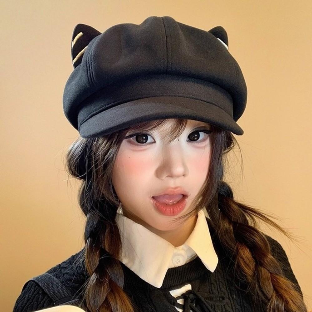 Y2K British Beret Hat Woolen Octagonal Cap Versatile Cat Ear Hat  Autumn Winter