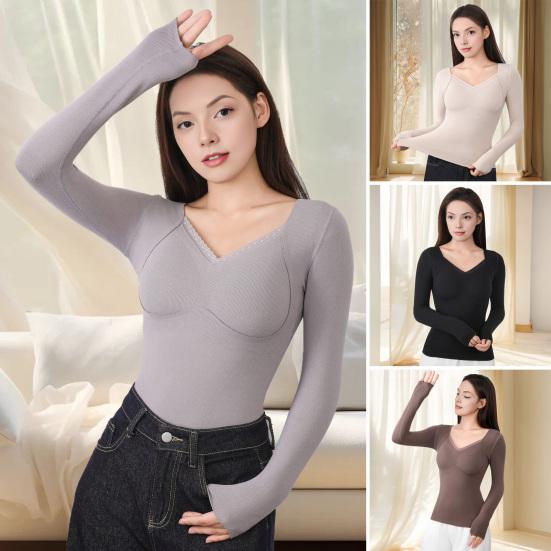 Women Thermal Tops Solid Color V-Neck Long Sleeve Velvet Lining Seamless Elastic Bottom Tops Winter Thermal Blouse