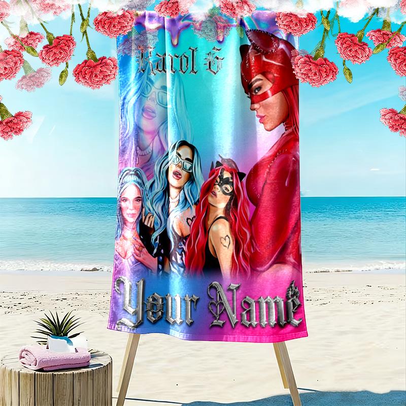Name Custom Karol G Print Beach Towel, Large Soft Quick Dry Towel for Beach Camping Swimming