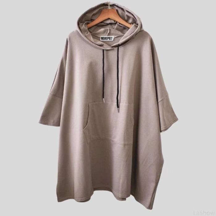 Женская футболка с капюшоном и рукавами средней длины Baduamine - Однотонная, прикрывающая бедра, свободного кроя