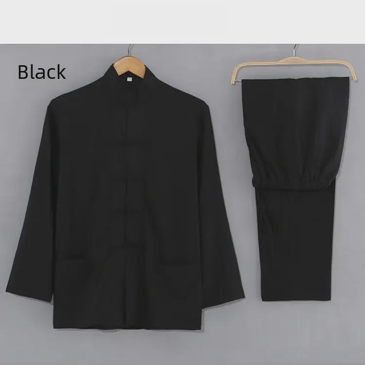 Мужской костюм Тан из хлопка и льна: Длинный рукав кардиган в китайском стиле Ханьфу из двух частей для людей среднего и пожилого возраста