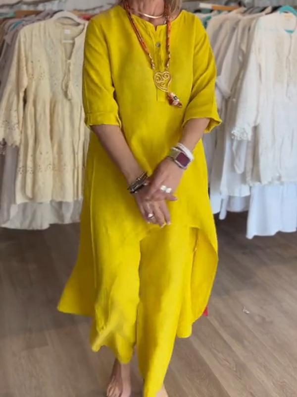 Женский однотонный повседневный летний комплект из хлопка и льна с длинными рукавами