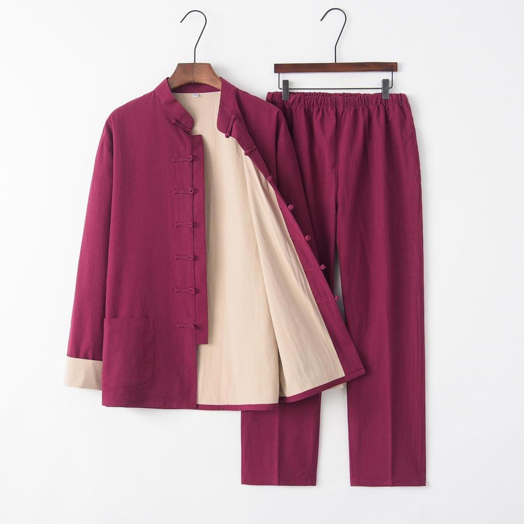 Men's Double-Layer Cotton Linen Tang Suit Set for Autumn/Winter: Zen Meditation & Tea Wear