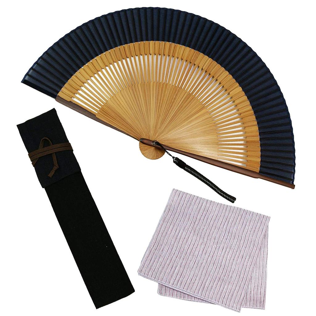 Fan Fan Set with Navy [Osaka Choseido] Fan, Men's, Fashionable, Business, Bag, Holder, Handkerchief, Cool,