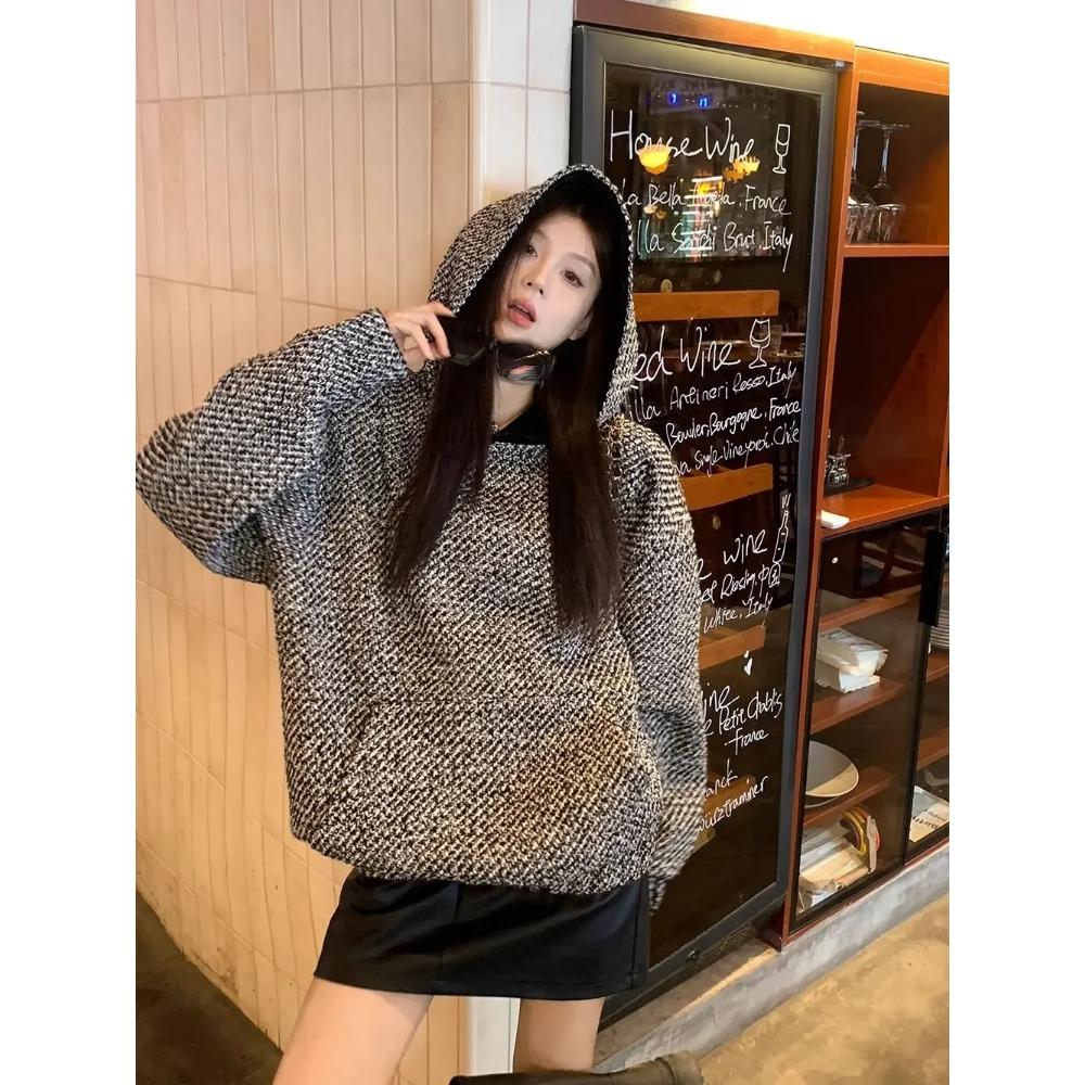 Woman Tops Baggy Autumn and Winter Hoodies Cold Hooded Tweed Sweatshirt for Women Loose Warm Thick Nice Color Sport Y 2k Vintage