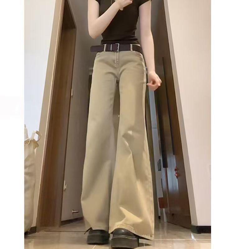 Khaki Slimming Micro Flare Low-Waist Floor-Length Jeans for Women