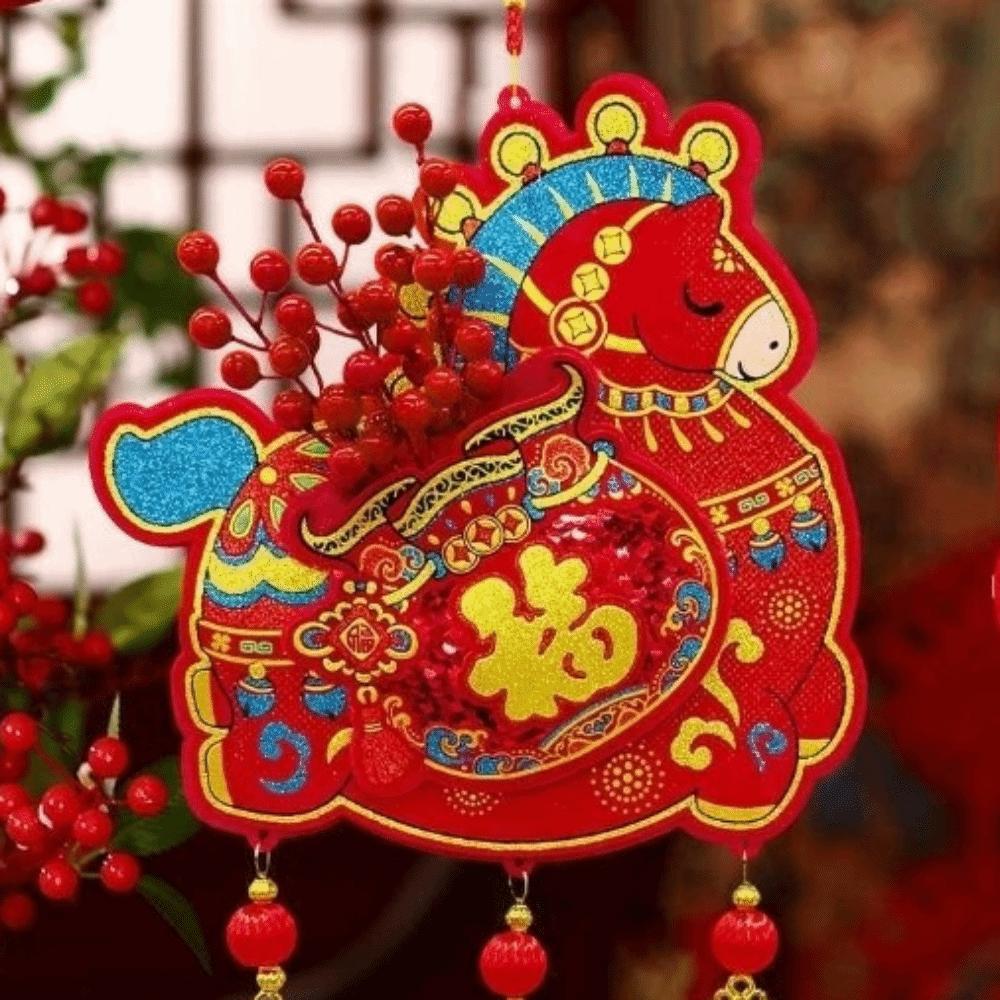 Flocking Chinese Lucky Character Pendants Handmade Traditional Red Horse Hanging Ornament Good Fortune with Tassels