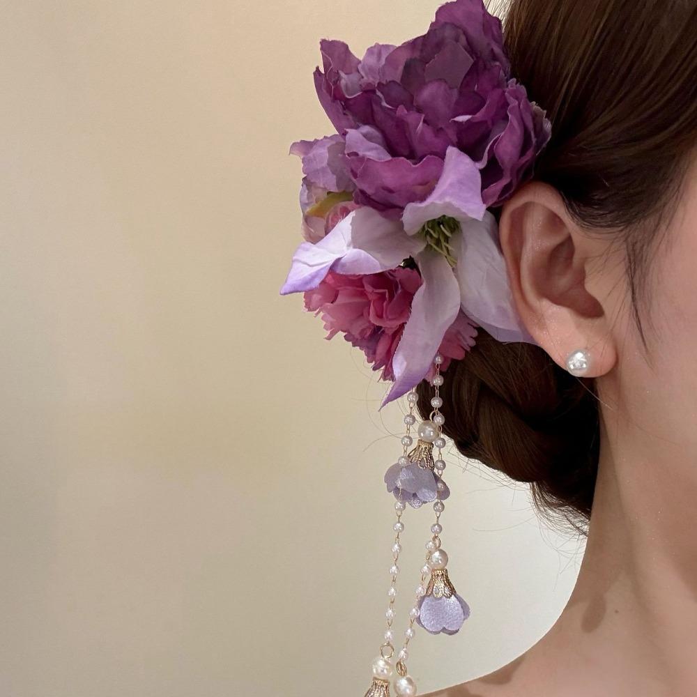Elegant Design Flower Hairpin Pink Floral Headdress Tassel Hanfu Hair Accessories Party Wear