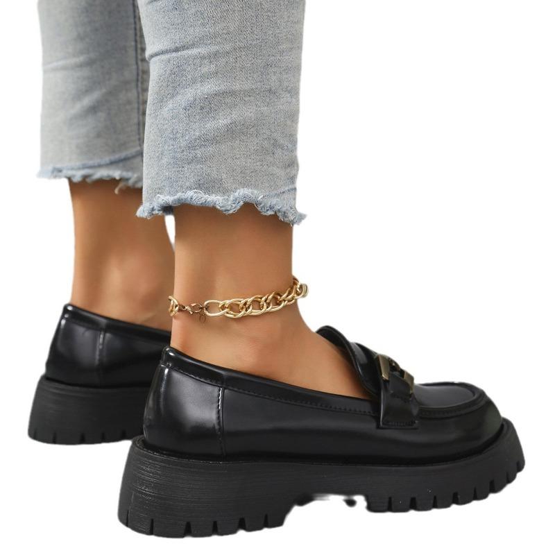 Большого размера толстоподошвенные черные туфли из мелкой кожи для женской весны и осени, новая рабочая обувь на одной педали, металлическая пряжка