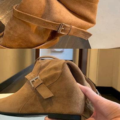 Коровья кожа~ Высота каблука увеличена на 6 см, сапоги из натуральной кожи, ковбойские сапоги, женские плиссированные сапоги-трубы, ремешок с пряжкой средней длины, тонкие сапоги-рыцари